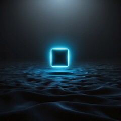 A lone, radiant, electric blue square, softly pulsing with an otherworldly light, hovers ominously above an endless, inky black void, its luminescent edges casting subtle, rippling reflections that da