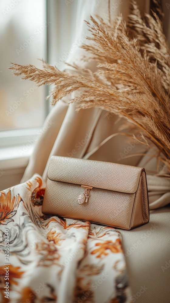Poster a blend of textures and colors showcases a chic clutch elegantly resting on a soft fabric, surrounde