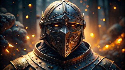 Fototapeta premium Black Knight Helmet, Bokeh Background, Medieval Armor, Fantasy, Stock Photo