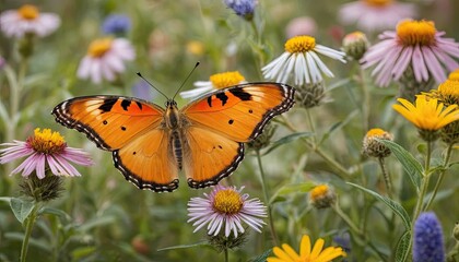 Obraz premium Butterfly gracefully fluttering through vibrant wildflowers, capturing the essence of beauty and delicate transformation, embodying nature's gentle wonders in a peaceful, blooming environment