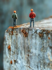 Two construction workers stand on the edge of a cliff, surveying their surroundings.