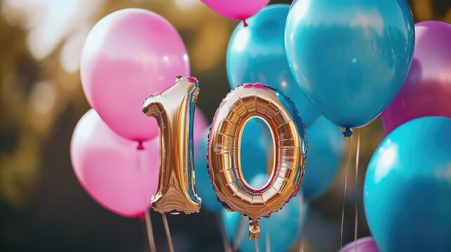 A festive arrangement featuring metallic number 10 surrounded by colorful balloons in pastel shades of blue,