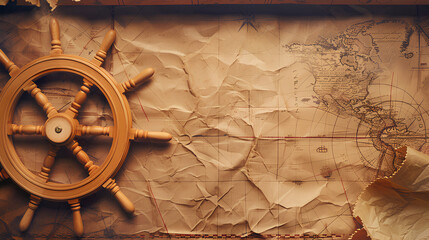 Fototapeta premium Old blank parchment scroll paper with a ship's wheel and map background. Vintage pirate or nautical theme for design, banner template
