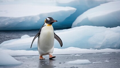  A charming penguin waddling across icy terrain, showcasing its unique adaptability and playful spirit, in a snowy, cold-weather habitat surrounded by the beauty of the Antarctic-