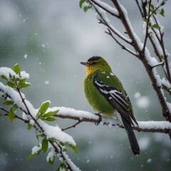 Obraz premium A bird perched on a snowy branch, with fresh green leaves starting to appear.