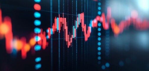 A vibrant financial chart displaying fluctuating market trends with red and blue indicators, representing data analysis and trading performance.