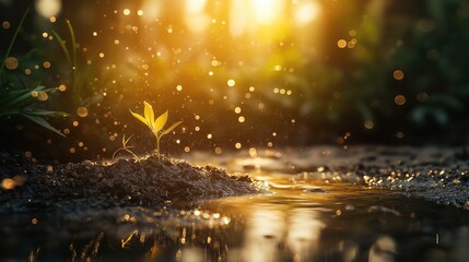 Newly sprouted plant emerging from cracked soil, symbolizing growth, renewal, and environmental resilience. Nature's revival and sustainability concept.