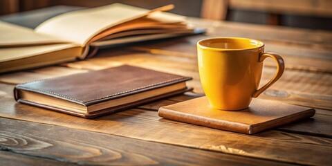 Naklejka premium A Cozy Reading Nook Yellow Mug, Leather Journals, and Open Books Resting on a Rustic Wooden Table