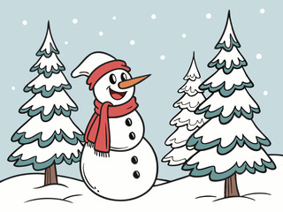 Cartoon christmas snowman with snowy pine trees