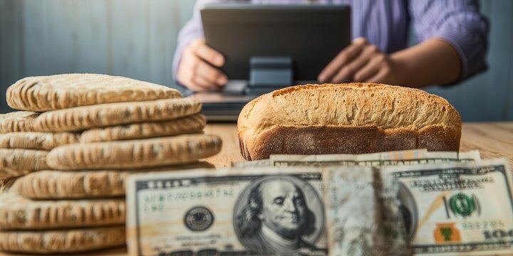 A dramatic close-up of a cashier scanning a loaf of bread priced at one million dollars, worn and distressed banknotes in the foreground