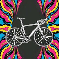 A vibrant comic book-style illustration of a sleek, road-ready bicycle with bold, dynamic outlines and a mesmerizing, psychedelic patterned background featuring swirling shapes in electric blues, hot 