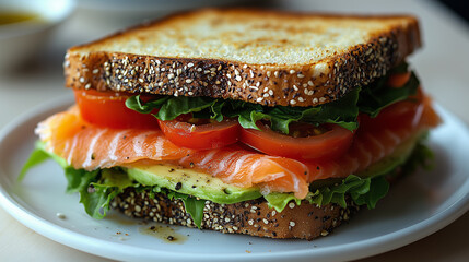 Top-down view of a gourmet sandwich filled with smoked salmon, avocado, lettuce, tomato, and a drizzle of olive oil, arranged on a white plate. The sandwich is presented with crisp details and a clean