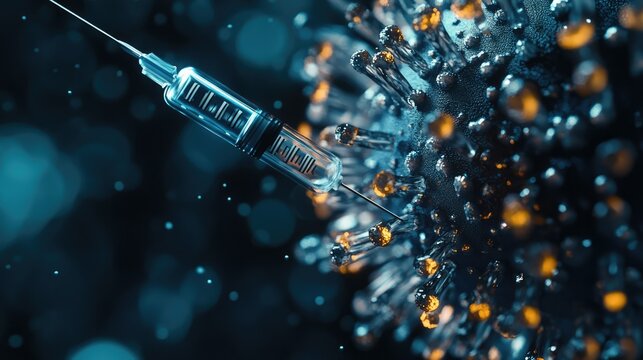 An artistic representation of a virus cell surrounded by digital elements,