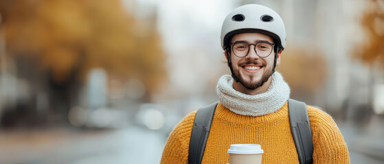 young man wearing helmet and scarf holds coffee cup while smiling outdoors