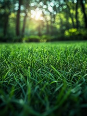 Naklejka premium A close-up view of lush green grass with sunlight filtering through trees in the background.