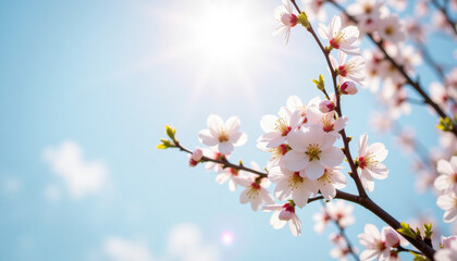 Fototapeta premium Delicate white and pink apple blossoms on thin branches with sunlight against a soft blue sky