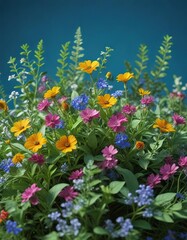 Obraz premium Freshly picked wildflowers on a bright blue background with colorful green foliage, copy space, wildflower arrangement, natural design