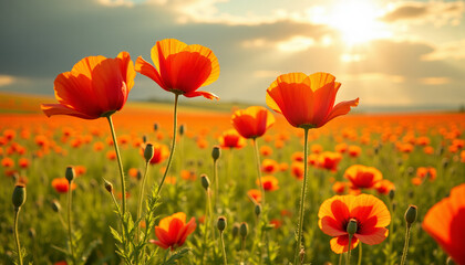 Lively poppy flowers swaying gently in a breezy spring field under bright sunlight with soft shadows