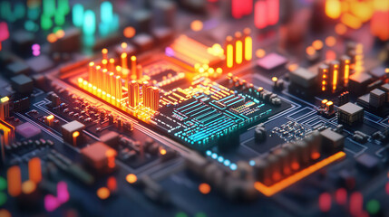 Obraz premium vibrant, futuristic circuit board with glowing neon lights and intricate patterns