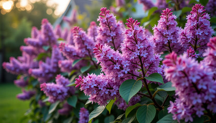 Fototapeta premium Rich lilac bushes covered in vibrant purple blooms in a backyard garden setting with soft diffused light