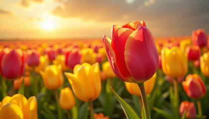 Vibrant close-up of colorful tulips blooming in a vast field under soft golden light on a sunny spring day