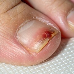 Fototapeta premium The toenail appears damaged and infected, with visible redness, swelling, and a small wound.