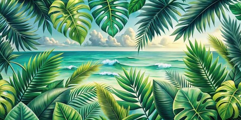 Lush Tropical Foliage Frames a Serene Ocean Vista at Sunset, Waves Gently Crashing on the Shore, a Peaceful and Idyllic Scene