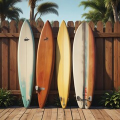 Retro surfboards leaning against wooden fence, surfing, surf culture