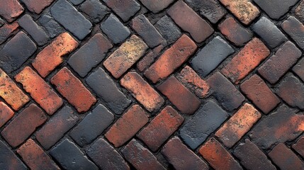 Close-up view of a textured brick pavement showcasing a mix of red and black bricks in a herringbone pattern