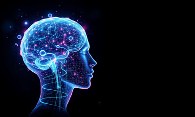 A translucent digital mind, glowing with neon pink and purple energy. Electric blue pathways spiral upward, connecting luminous ideas in a dark, clean background with copyspace.