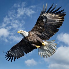 A bald eagle in flight, its wings fully spread, symbolizing freedom and strength. Perfect for wildlife and patriotic concepts.