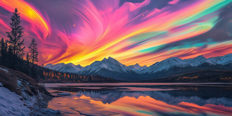 Mountain Lake Reflecting a Vibrant, Multicolored Aurora Borealis Sky, with Snow-Capped Peaks and Pine Trees, Expressing Mystical and Dreamy Beauty