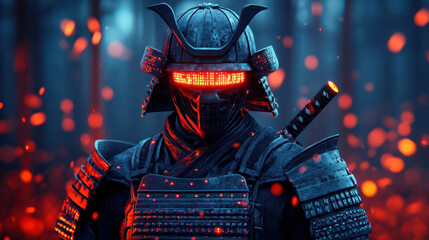 futuristic samurai warrior stands amidst glowing embers, exuding powerful presence