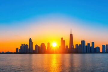 Naklejka premium Climate change: Pollution and temperature rise. Sunset over a city skyline reflecting on water.