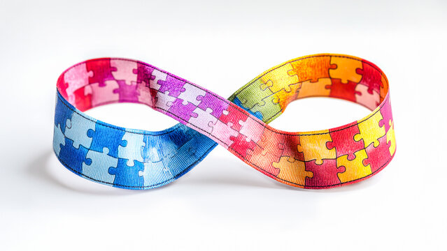 Colorful infinity ribbon with puzzle piece patterns in red, blue, yellow, and pink, symbolizing autism awareness, diversity, and inclusivity. Concept of understanding and support for neurodiversity