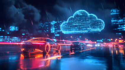 Digital Highway with Holographic Cars and Cloud Tech at Night