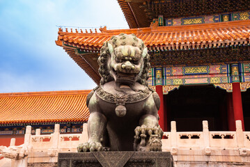 Chinsese guardian lion at Forbidden city in Beijing, China.
