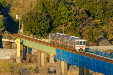 熊野川の鉄橋を渡る列車