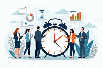 Obraz premium A vector showing a large clock at the center, surrounded by businesspeople completing tasks on a checklist