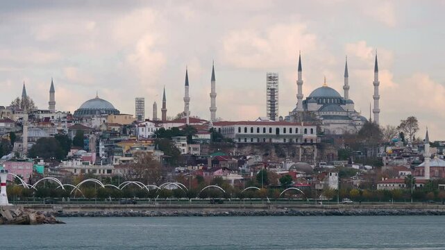 View of Fatih district from the lighthouse, Istanbul, Turkey. Sunny day. Hagia Sophia Mosque and Blue Mosque