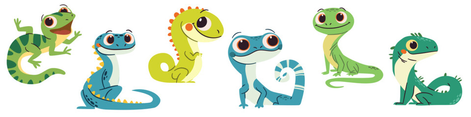 Set of flat vector illustrations in simple child style on white background. Cute lizards with big eyes. Vector illustration