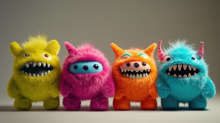 Obraz premium Three colorful, cartoonish monster characters are displayed against a black background.