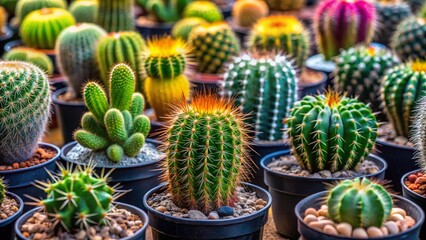 Botanical Garden Cacti Collection: Diverse Succulents in Black Pots