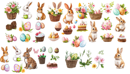 A charming Easter-themed collection featuring adorable rabbits, colorful eggs, flowers, and sweet treats on a transparent background, perfect for festive decorations, greeting cards, and digital desig