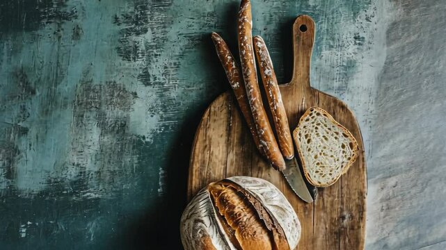 Freshly baked bread displayed on a rustic wooden cutting board with a knife and slice of bread
