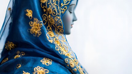 Blue Fabric Draped Mannequin Gold Embroidery Detail