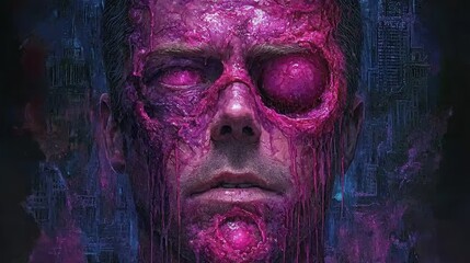Digital Portrait of a Melting Man with Pink and Purple Hues Against a Glowing Background of Code