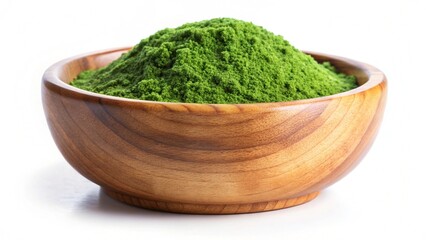 Wooden bowl with  algae powder isolated on white background

