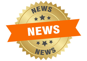news. news round orange and gold label isolated on transparent background
