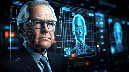 Serious Senior Man with Digital Facial Recognition Overlay